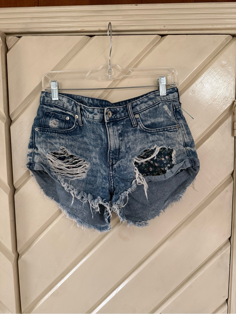 H&M Distressed Blue Denim Cutoff Shorts with Floral Patch